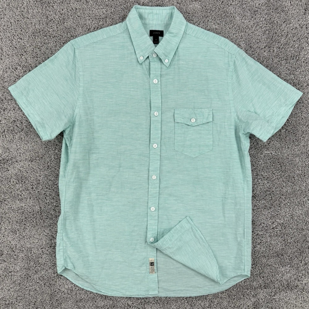 J Crew Baird McNutt Shirt Men's M Green Striped Irish Linen Chest Pocket